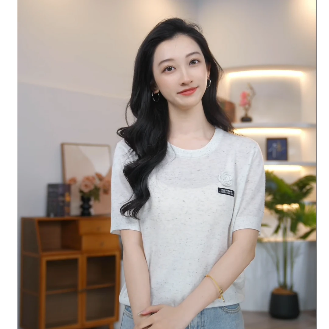 【曼贝】宽松型女短袖毛针织衫百搭时尚休闲针织衫8542811【月月】