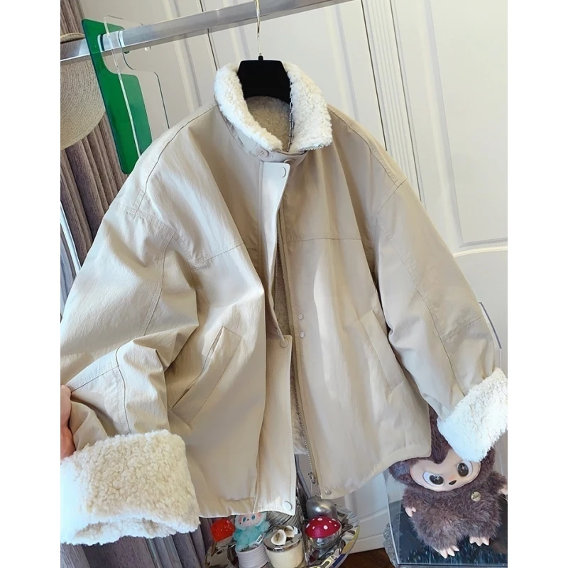 时尚工装风拼接毛毛棉服棉衣韩版宽松休闲大衣外套女2025冬季新款