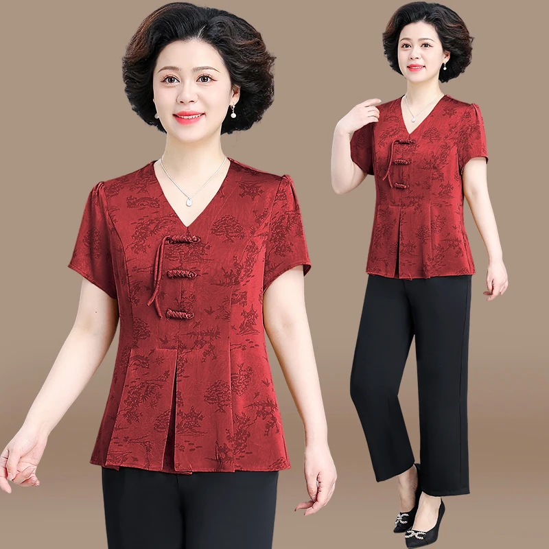 新中式妈妈装夏装套装中老年夏季短袖小衫上衣阔太太气质两件套女