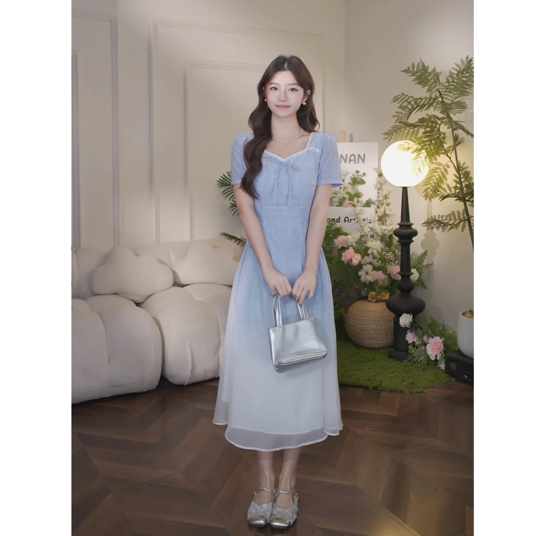 鹿向南【蒲月少女】渐变蓝色短袖长款高级法式温柔连衣裙DYL661807
