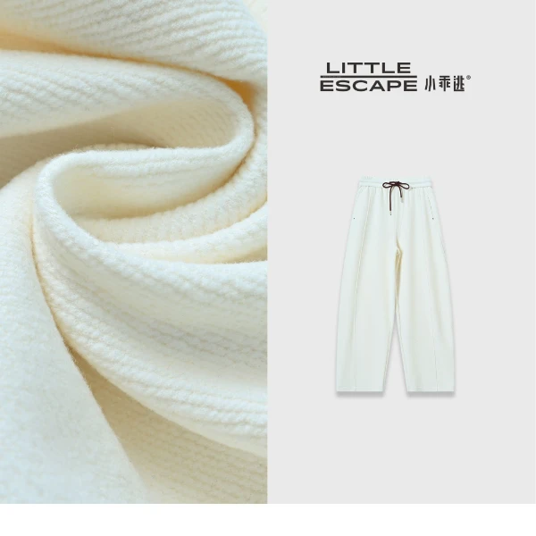 小乖逃休闲白色长裤红色圆头腰绳休闲裤松紧羊细毛长裤腰DD58811