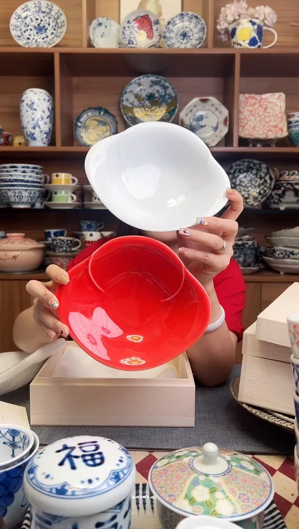 瓷片玉椿　紅白平鉢揃 18cm 2只木盒装