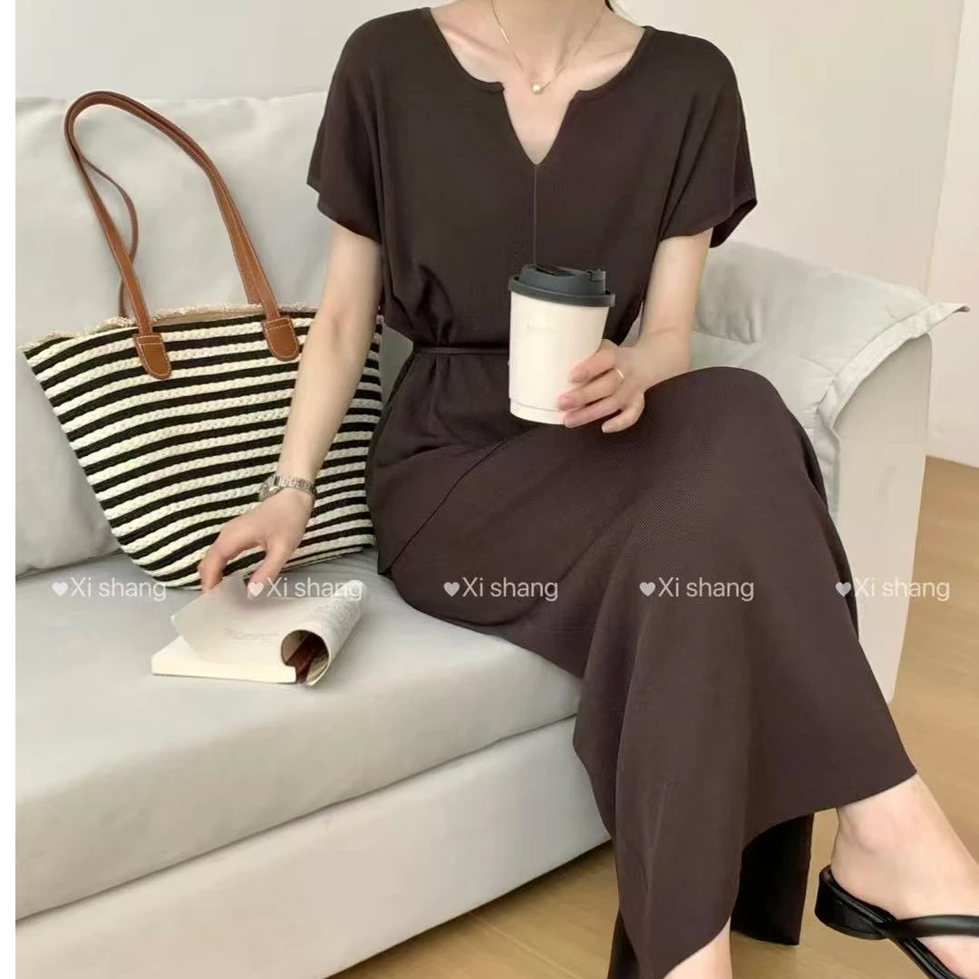 默认领型中淑装气质休闲春季夏季连衣裙百搭收腰时尚中长裙#1083