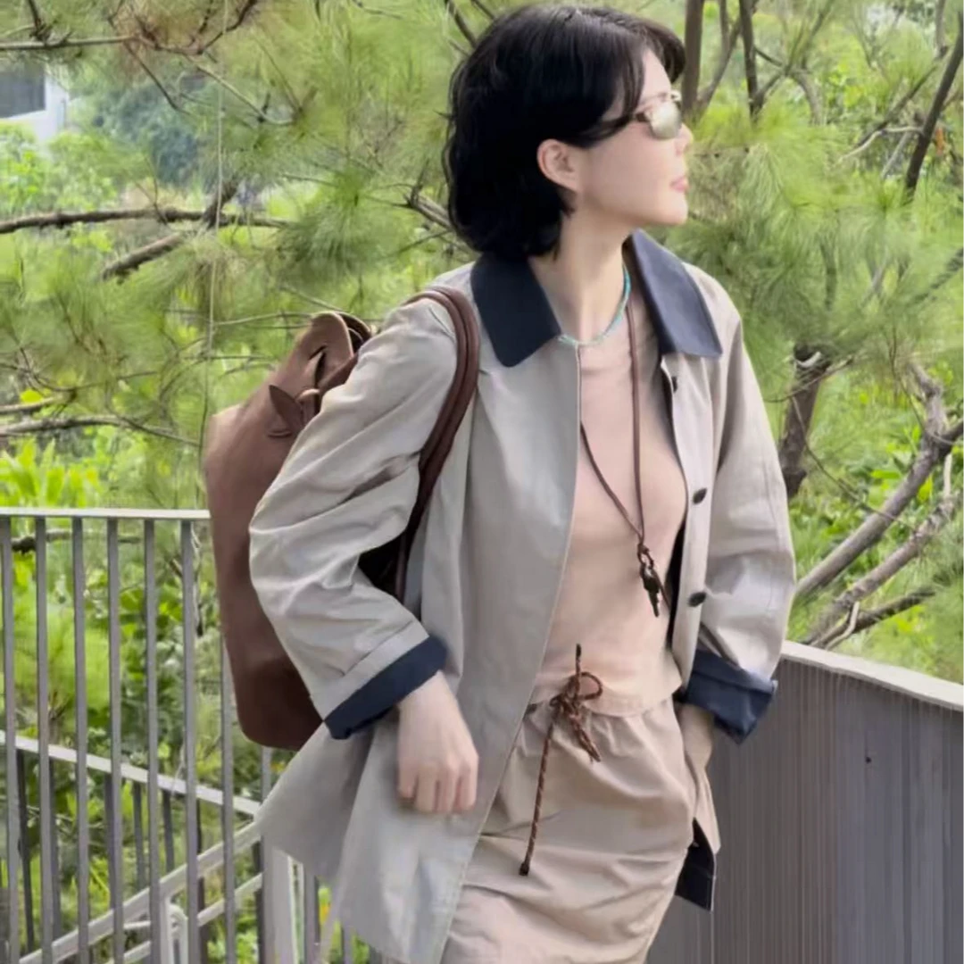 PM王囡囡 灰杏色拼色翻领纽扣宽松外套 ND1C1199