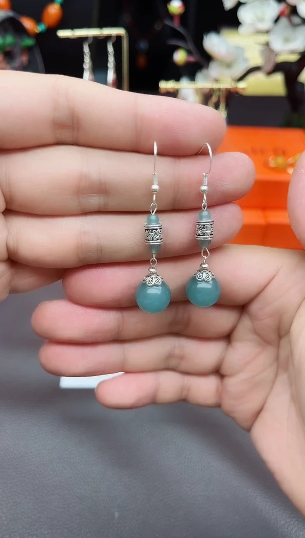 石英质玉（天山翠）银S925镶嵌耳饰420000