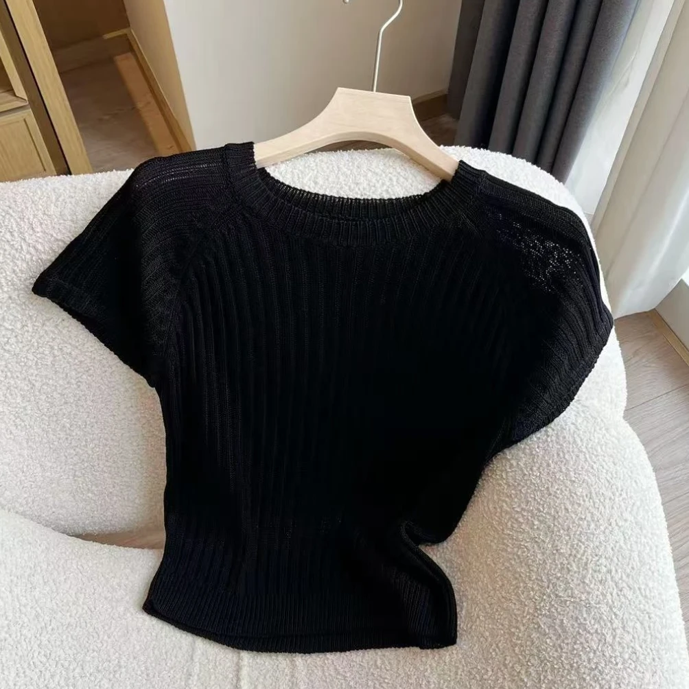 简约设计感圆领纯色短袖针织衫2025夏季新款时尚气质韩系百搭上衣