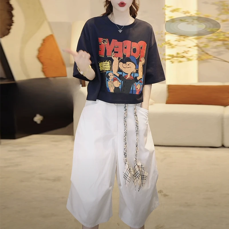 香朵儿休闲时尚设计感套装2025复古百搭宽松显瘦短袖休闲裤两件套
