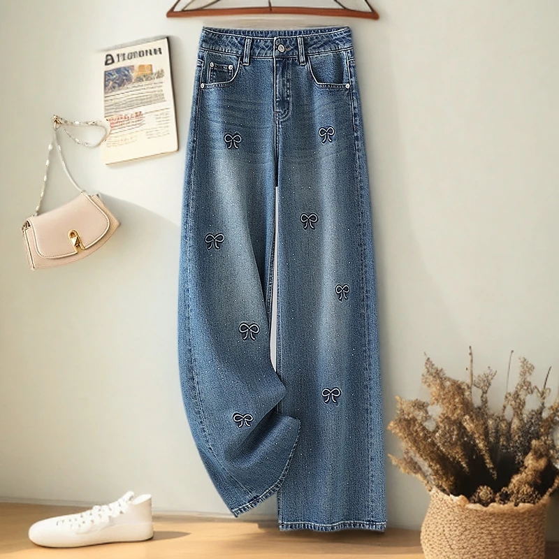 法式窄版烫钻阔腿牛仔裤女2025春秋季新款宽松百搭显瘦直筒裤子女