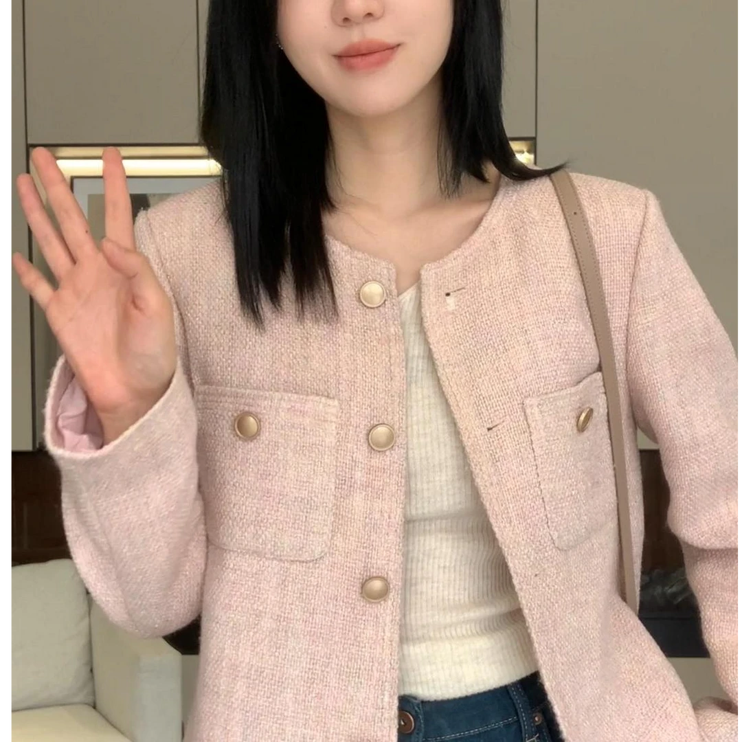 光版金扣小香/粉色小香风短款外套女25年秋季新款小个子温柔上衣