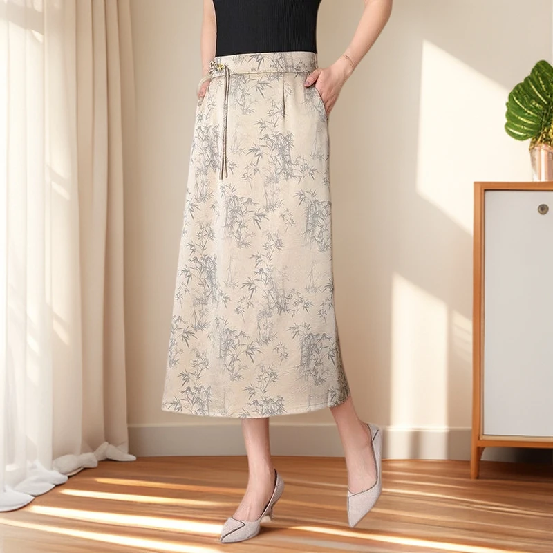 2025夏季新款中式复古提花高腰半身裙新中式国风A字开叉显瘦长裙