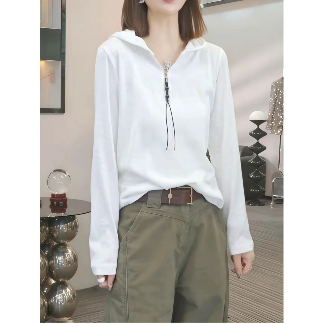 小众设计感纯色白色半拉链连帽卫衣套头休闲内搭长袖上衣T恤打底