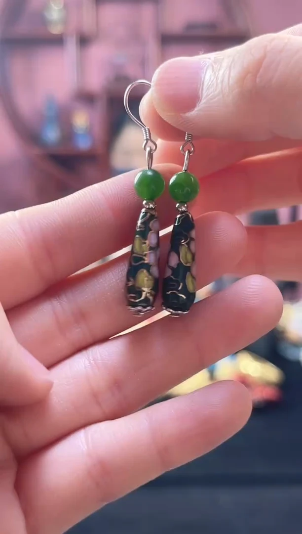 非遗 景泰蓝 水滴 耳环 墨绿