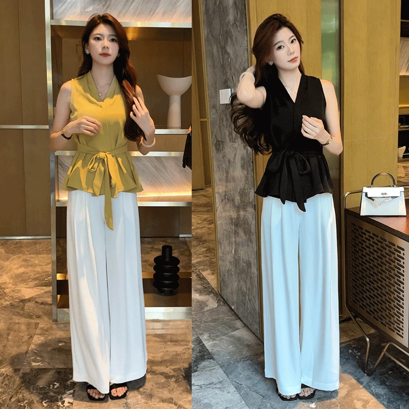 气质V领绑带设计感显瘦高级感衬衫上衣+直筒阔腿垂感休闲裤套装女