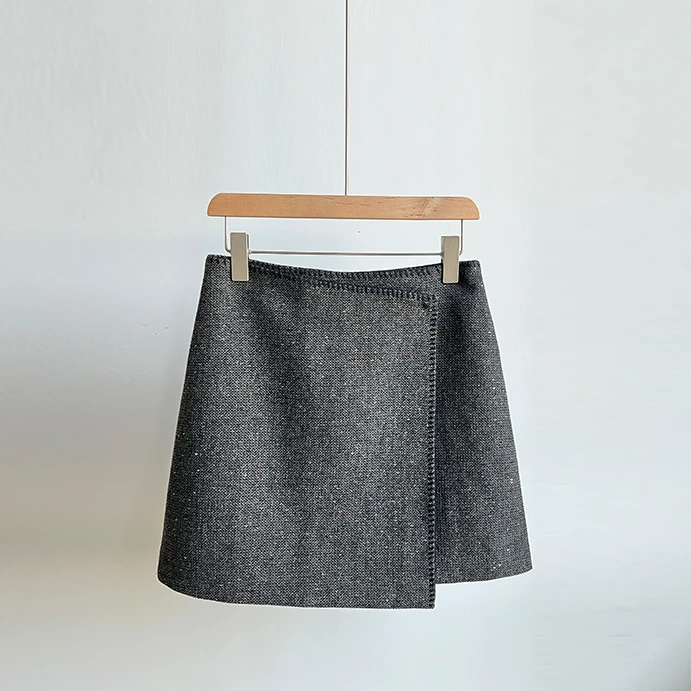 <ROW风>小众设计感毛呢半身裙女时尚不规则毛呢短裙叠片式半身裙