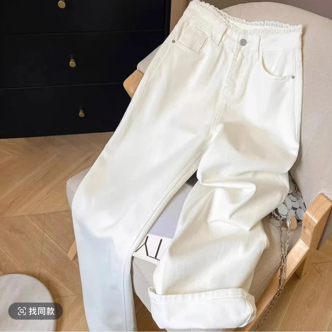 春天5-1珍珠白高腰阔腿显瘦直筒时尚百搭牛仔裤