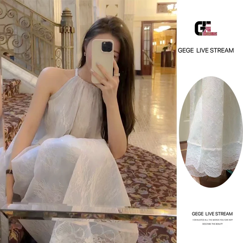 【曼谷日记】 轻礼服骨架蕾丝手工珠片挂脖吊带无袖连衣裙