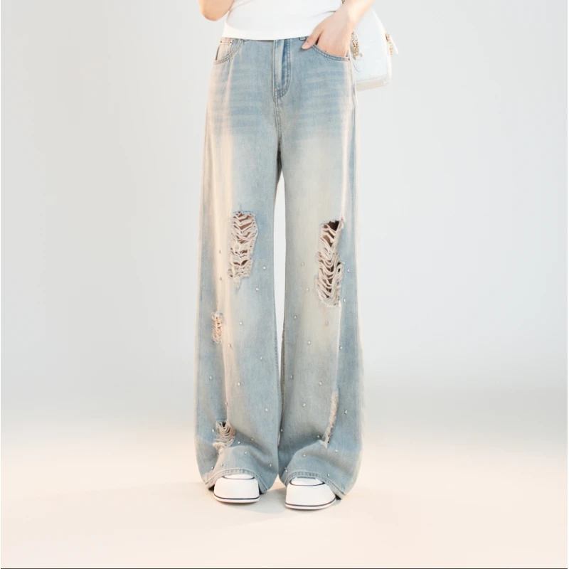 宿慕SUMU夏季重工钻牛仔裤2025新款5-6百搭破洞阔腿长裤C9907L