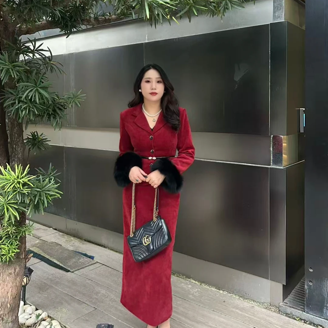 优雅复古港风气质狐狸毛领套装秋冬冬季