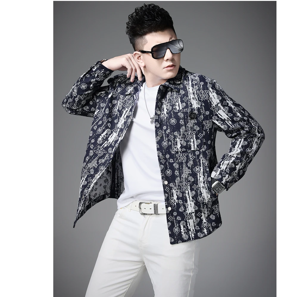 莫安摩萨利新款秋季潮牌高级感满花长袖衬衫男士宽松夹克帅气