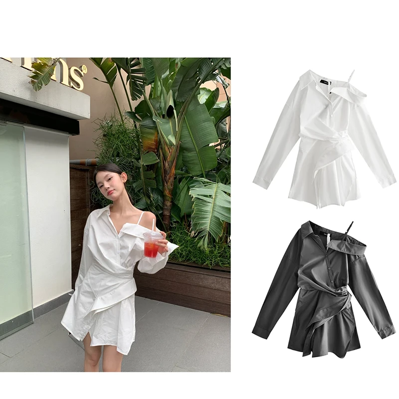 高级感不规则解构斜肩收腰显瘦长袖衬衫女2025秋季新款露肩连衣裙