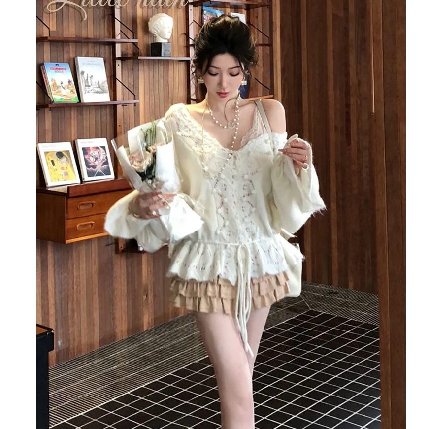 镂空钩花V领宽松抽绳下摆针织毛衣外穿时尚开衫上衣女秋季新款