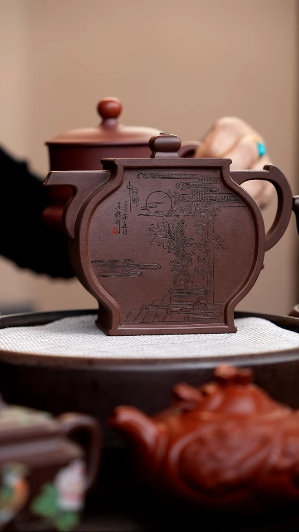 茶壶紫砂底槽清江南壶刻绘+盖杯015