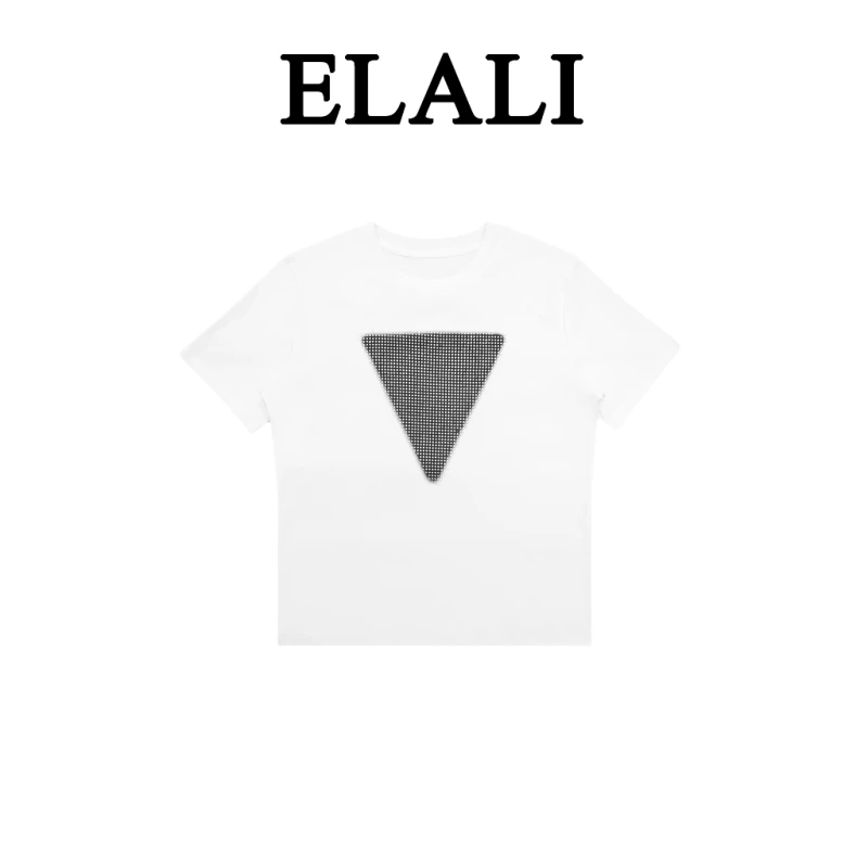 ELALI时尚百搭重工亮钻休闲潮流圆领T恤3898白