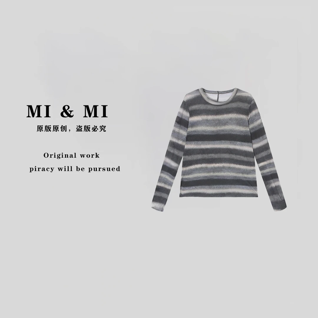 【米米私服】圆领长袖条纹时尚T恤极简风设计师款 2502-264
