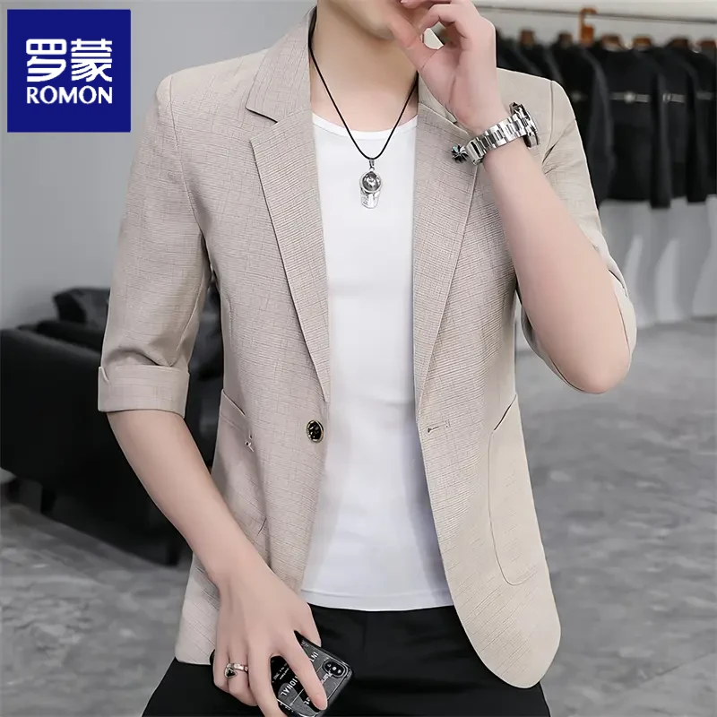 Romon/罗蒙小西装男七分袖夏季新款中袖外套时尚韩版帅气西服薄款
