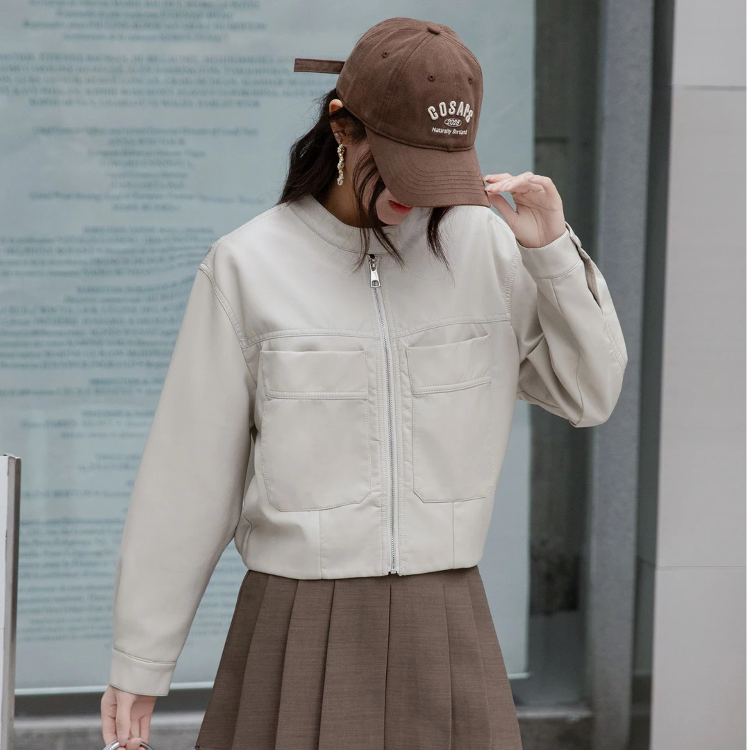 【聪尔专属】春季休闲时尚百搭简约韩版立领短款女皮夹克外套2501