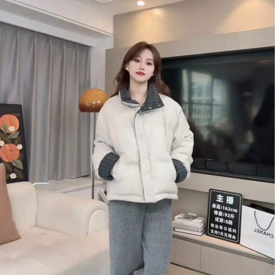 米白色高级感拼接格纹面包棉服女2024冬新款小个子立领棉服外套