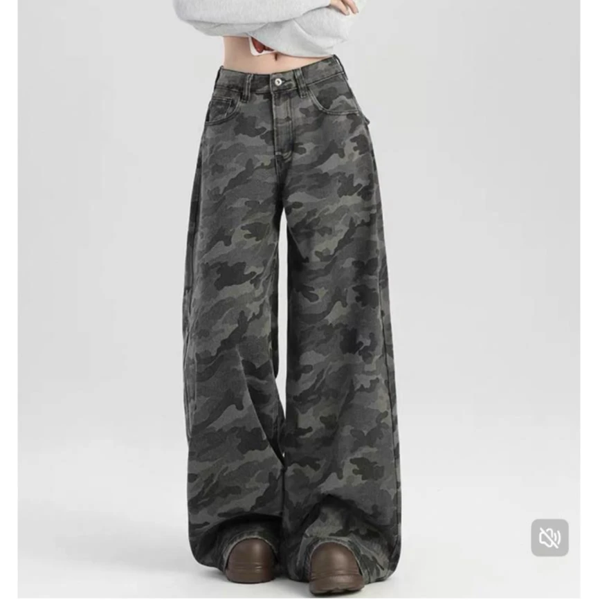 1103新款迷彩酷炫牛仔大阔腿裤美式直筒宽松水洗牛仔长裤