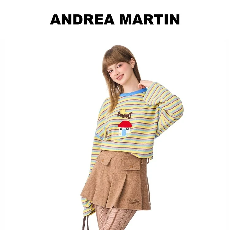 Andrea Martin新款趣味立体钩花条纹长袖撞色百搭宽松时髦洋气