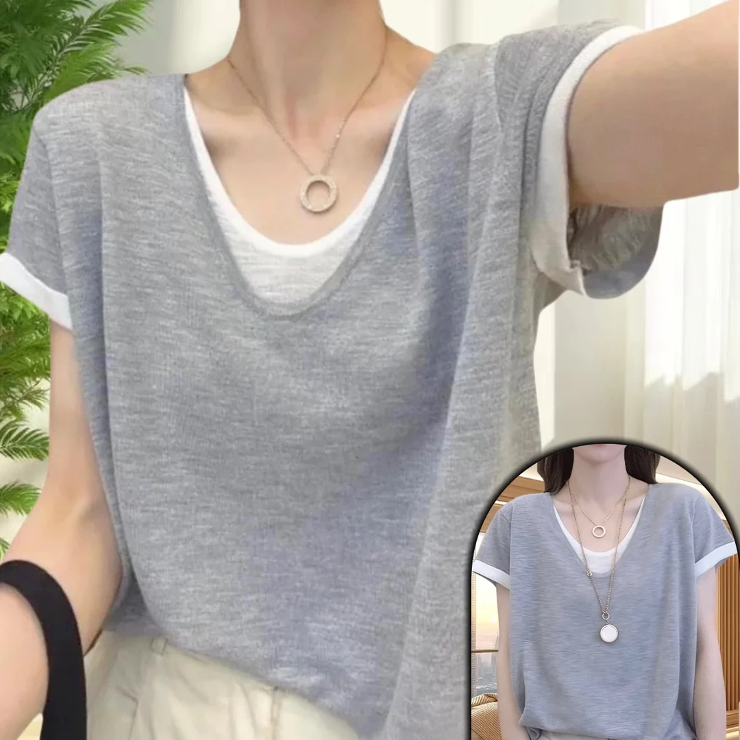 大码假两件宽松短袖拼接t恤女夏季胖mm超好看独特漂亮休闲上衣