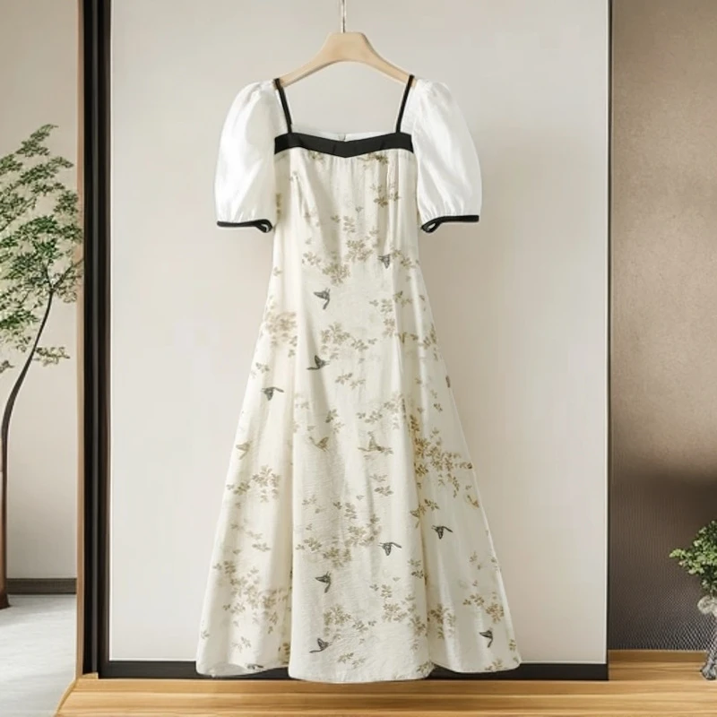 夏季新品方领肩带印花植物花卉连衣裙女品牌折扣673