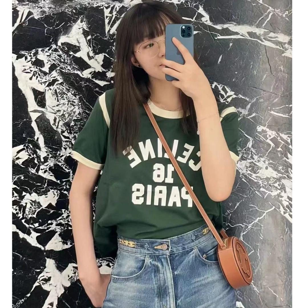 全新未使用 Celine/思琳 绿色撞色拼接圆领短袖T恤/S码