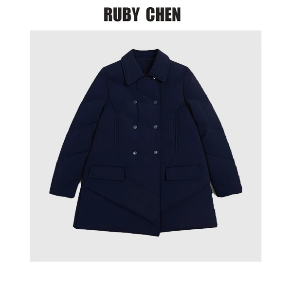 【海色青青】轻奢感双排扣中长款翻领经典白鸭绒羽绒服外套大衣女冬