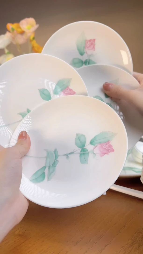 【闪购商品】玫瑰高骨瓷6寸浅盘4个