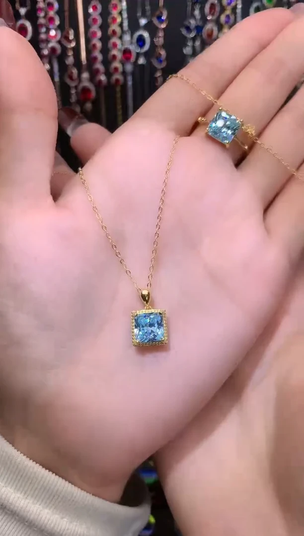 【闪购商品】海蓝宝石吊坠(赠链)银S925镶嵌金色