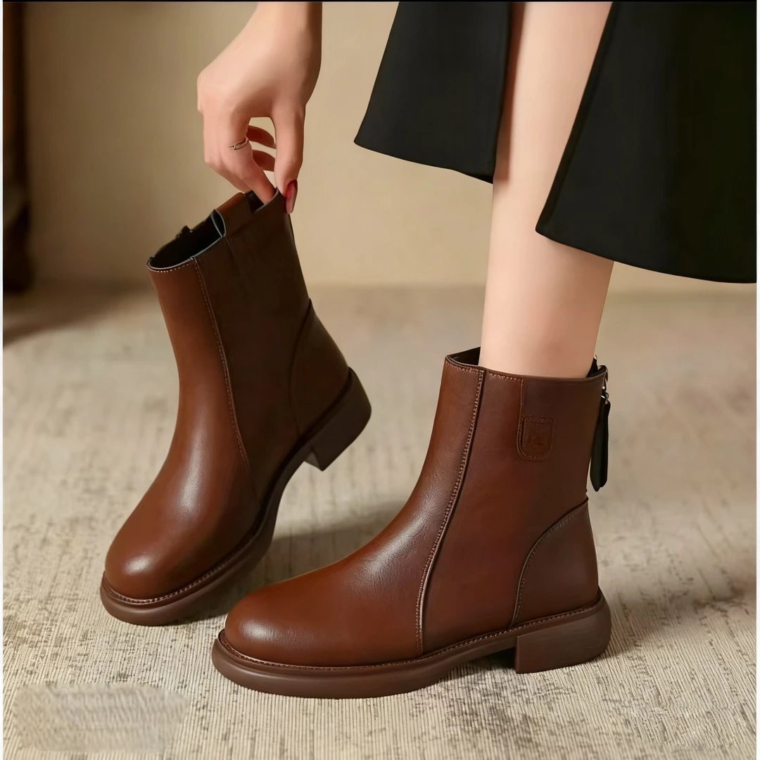 (品牌撤柜＋运费险)黄复古加绒真软皮中跟时尚百搭英伦秋女鞋