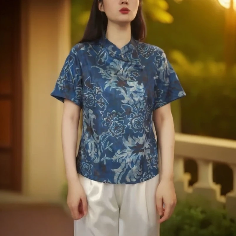 新中式旗袍领轻薄透气重磅提花时尚百搭复古短袖小衫2025新款正品