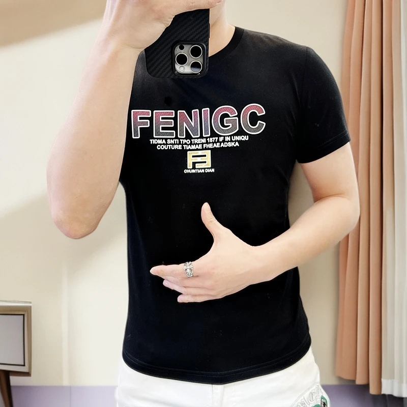 潮牌丝光棉男士短袖t恤男夏季韩版修身运动透气冰丝半袖男式T恤衫