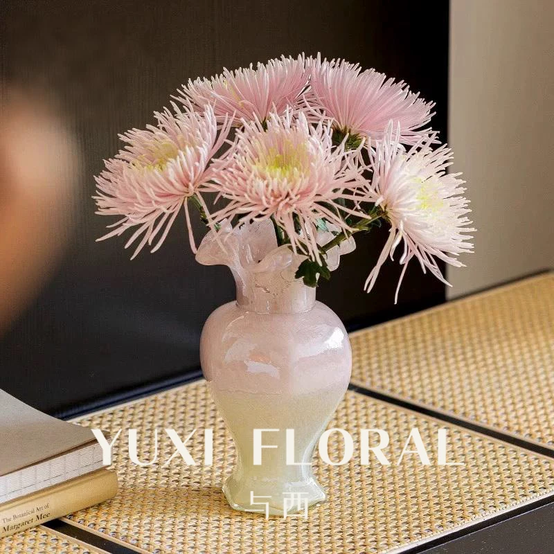 YUXI/与西法式玻璃花瓶鹅黄蝶粉渐变裙边灯笼摆件中古芬顿花器
