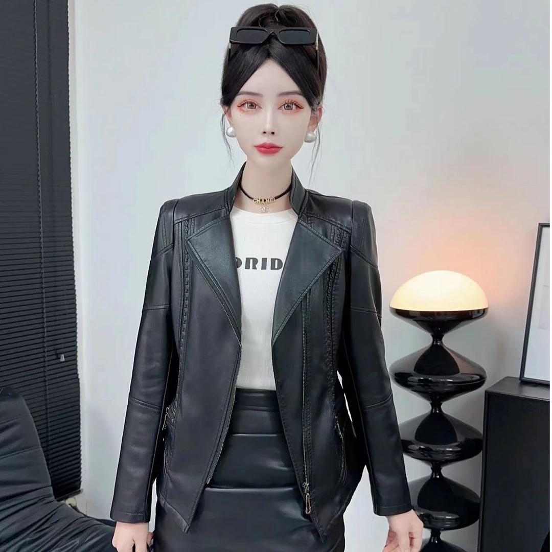 【单里衬】海宁正品2025春秋新款时尚休闲西服领气质皮衣外套女901