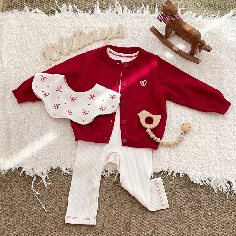 呱呱Baby宝宝A类圆领长爬套装纯色针织开衫休闲百搭婴幼儿春秋款