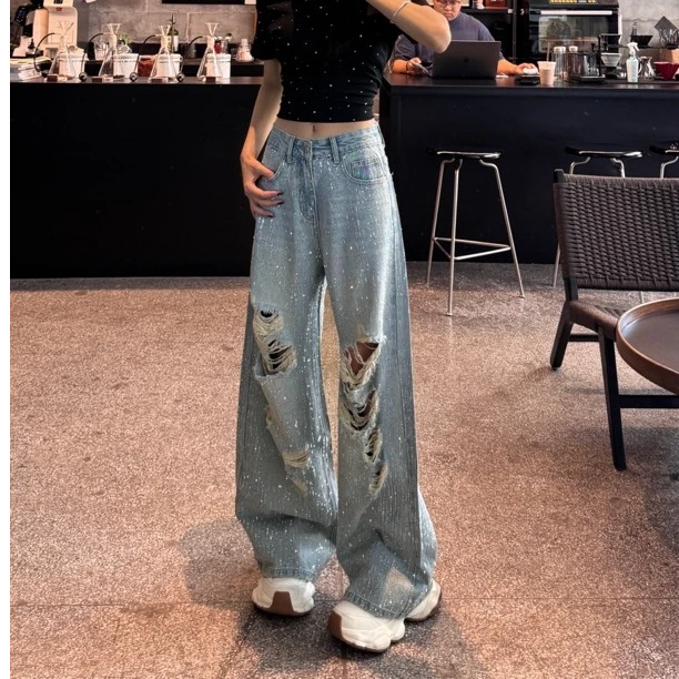 {爆闪牛仔}2025夏季新款高腰百搭时尚洋气设计破洞直筒阔腿牛仔裤
