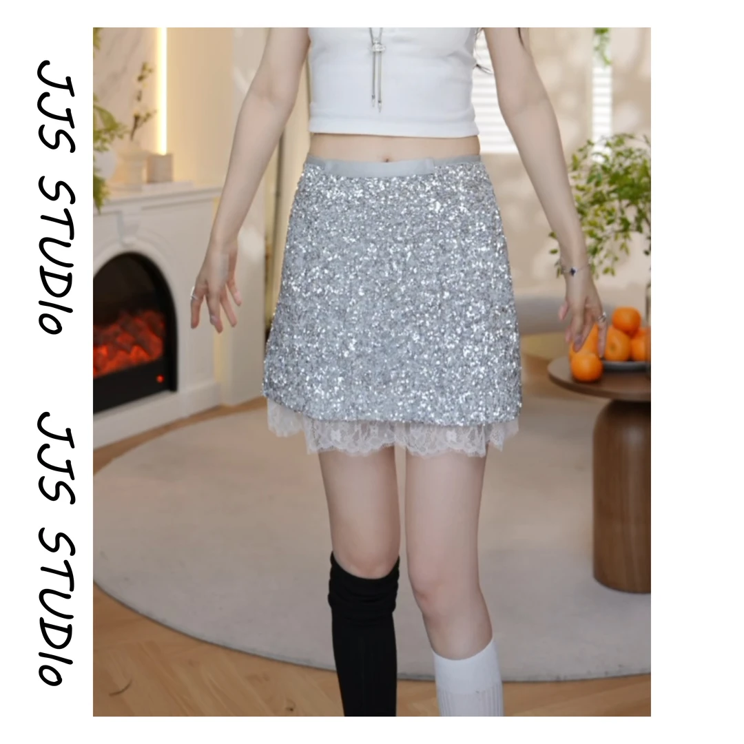 5053090『秘银极光』2025高级百搭时尚A字简约春夏显瘦亮片半身裙