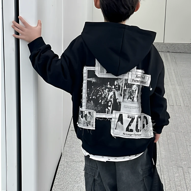 麦哟哟儿童春款连帽卫衣休闲宽松印花韩版潮流百搭时尚潮酷帅气