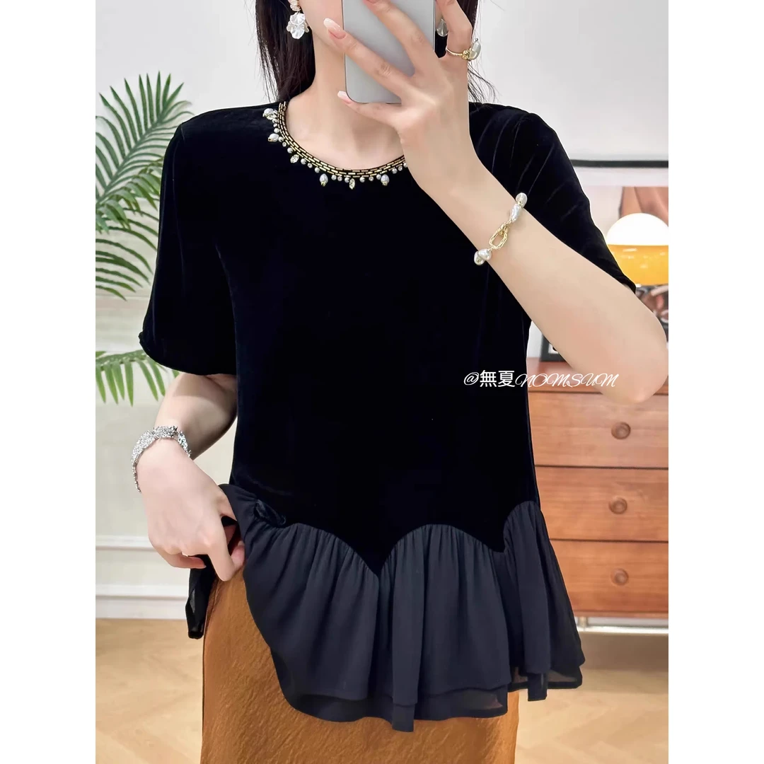 無夏2025早秋新款金丝绒小衫领口钉珠下摆拼接雪纺宽松时尚衬衫潮