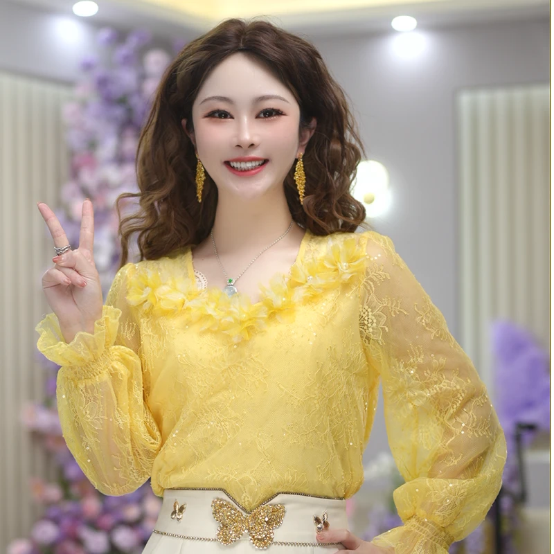 【流光花语】 春季新款感气质纯色衬衫蕾丝镂空设计上衣 DY5687